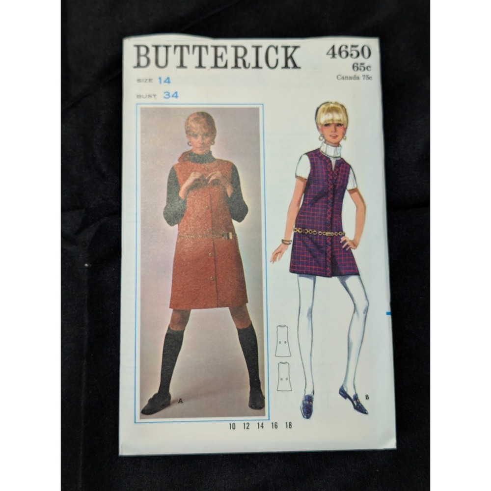 VTG 1960s Butterick 4650 Mod One-Piece Jumper Sewing Pattern Size 14 Bust 34